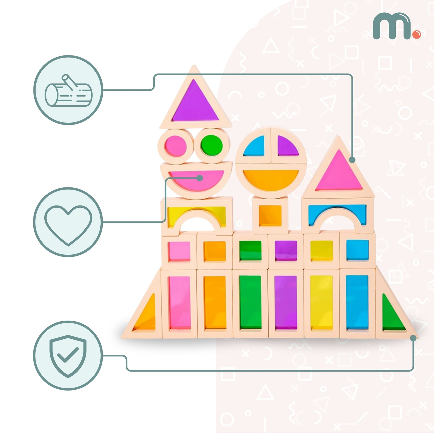 Дървени блокчета Rainbow - 25 елемента