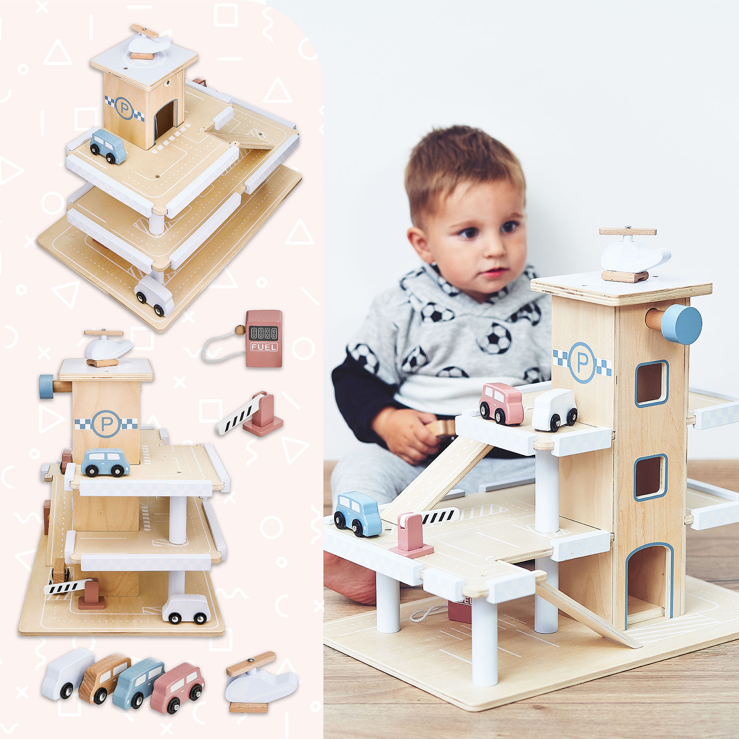 Дървен триетажен паркинг с асансьор - гараж за автомобили и хеликоптер