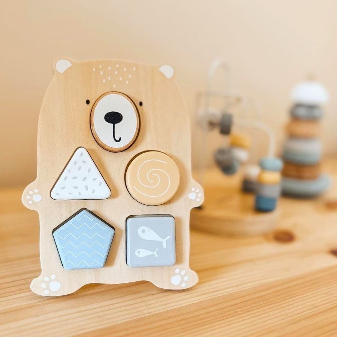 Комплект дървени играчки - цветно преплитане, пирамида за тюлени, сортировчик за мечета