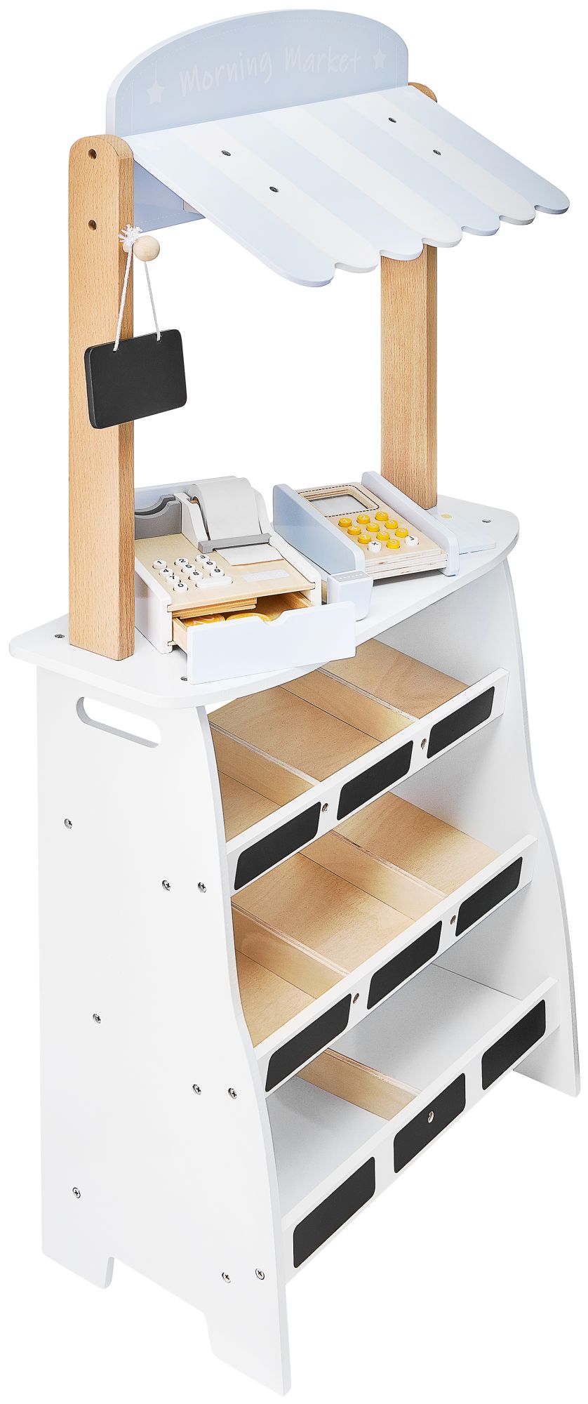 Магазин за зеленчуци - дървен щанд с щайги, касов апарат и терминал