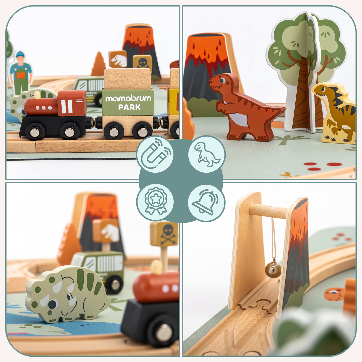 Дървено влакче Дино Парк с противоплъзгаща постелка - динозаври, влакче, релси, вулкан, камбана