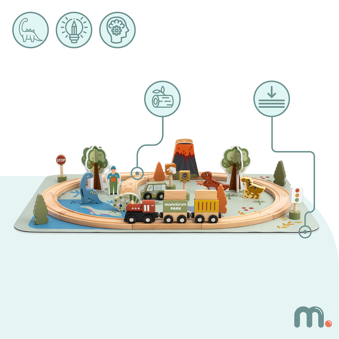 Дървено влакче Дино Парк с противоплъзгаща постелка - динозаври, влакче, релси, вулкан, камбана