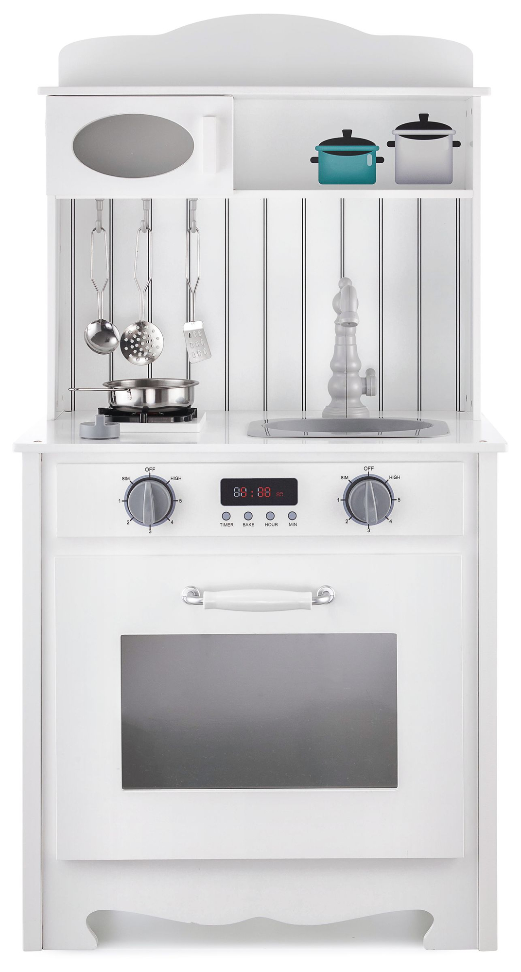 Бяла дървена кухня с престилка, аксесоари и LED лампа