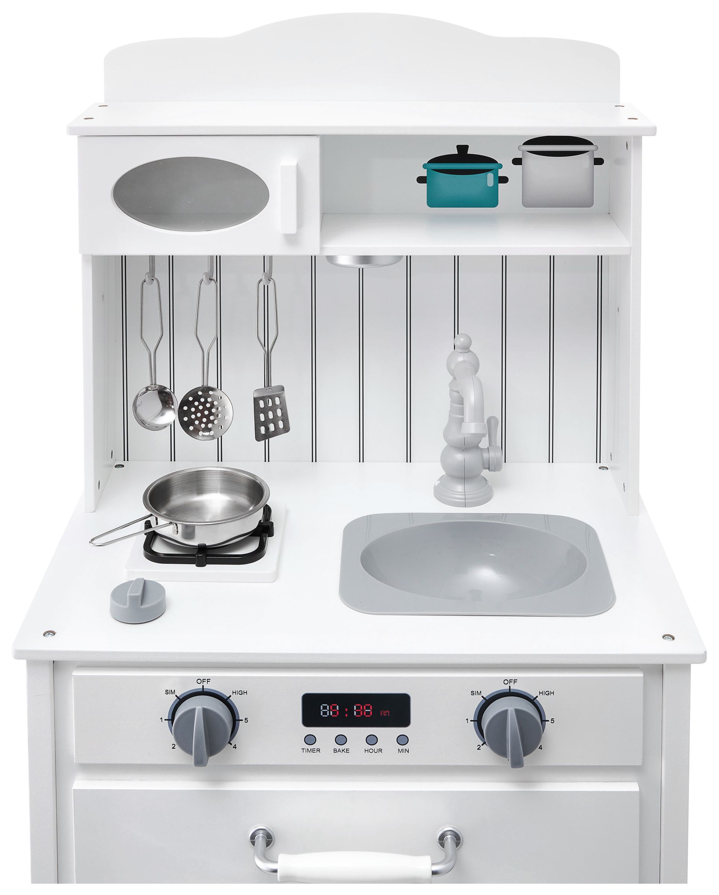 Бяла дървена кухня с престилка, аксесоари и LED лампа