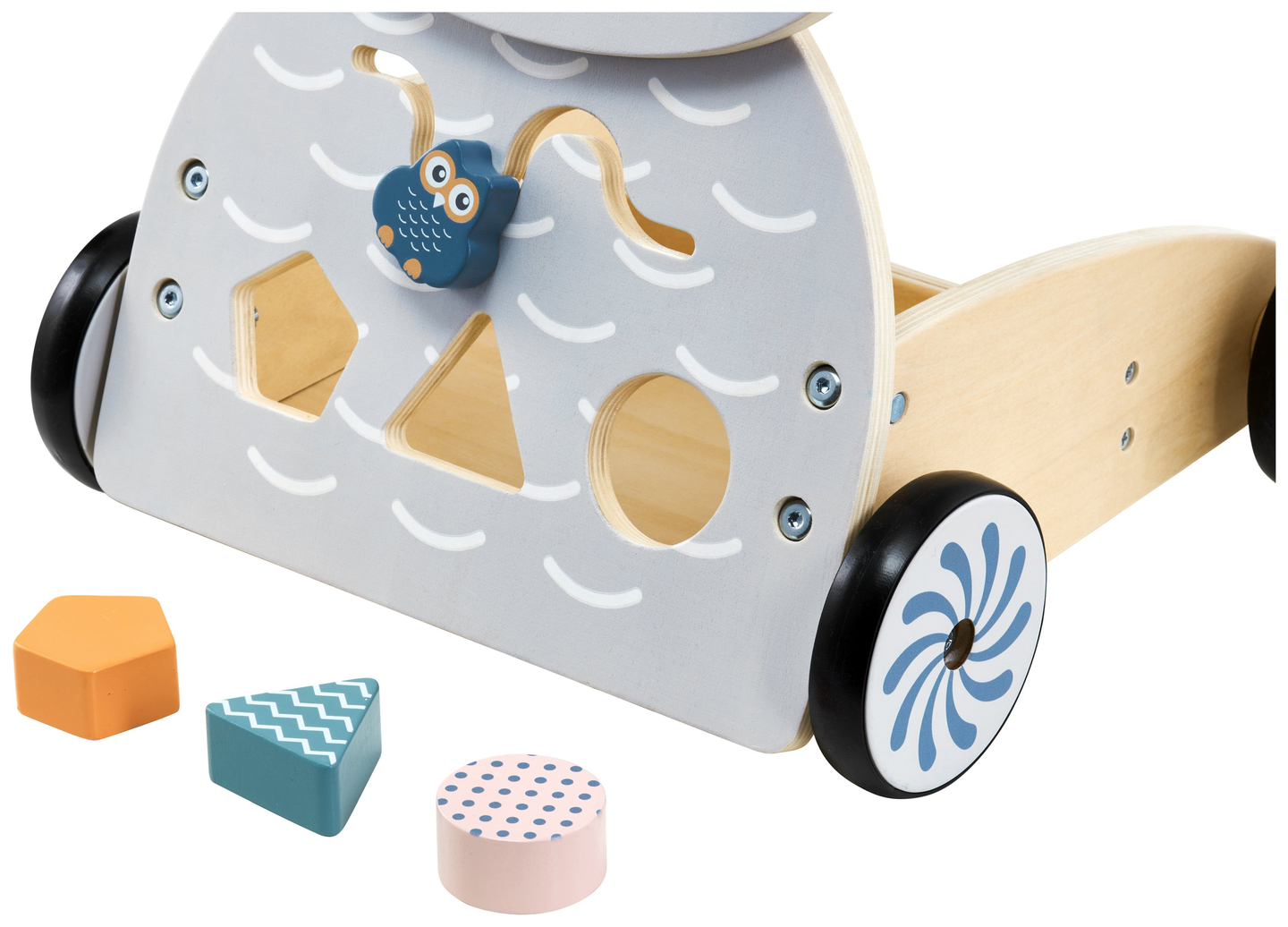 Дървена мултифункционална проходилка - буталка - количка с блокчета - Сова