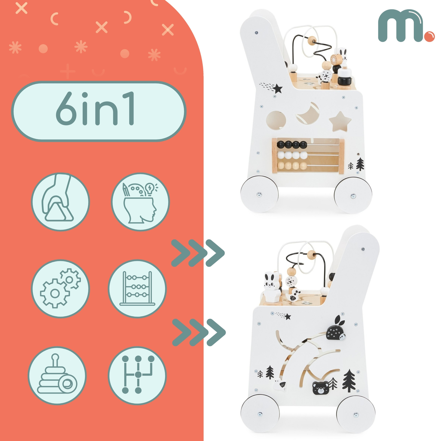 Дървена детска количка 6в1, проходилка с функция за учебна маса