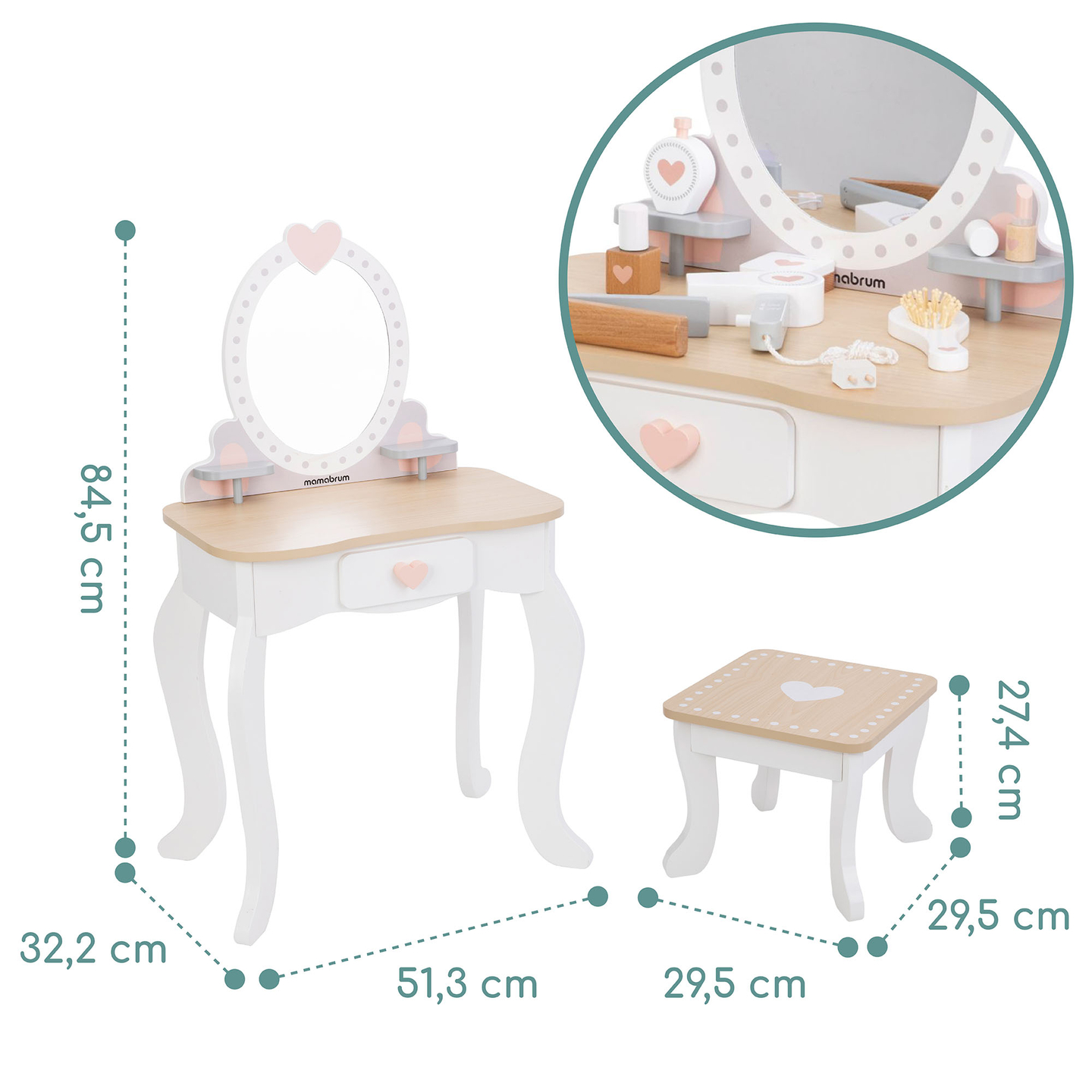 Дървена тоалетка с табуретка и аксесоари