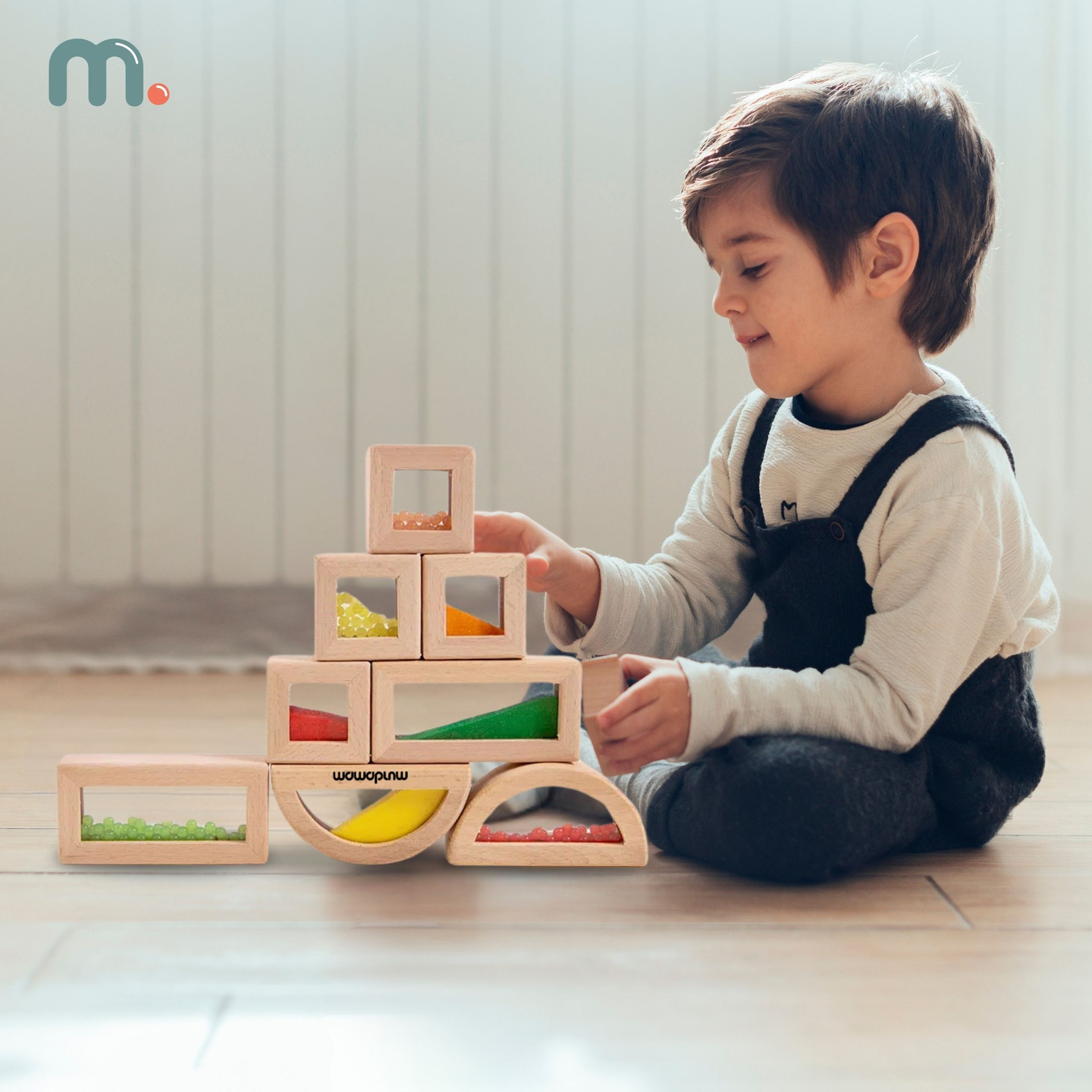 Комплект дървени сензорни блокчета с различни пълнежи - 15 части