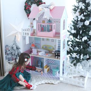 XXL Най-голямата дървена къща за кукли - 123 см - LED осветление - тераса, аксесоари, градина