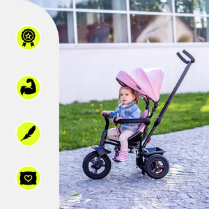 Триколка за деца от 1 до 4 години - TOBI FREY - розов цвят - въртяща се - помпени колела + бутало