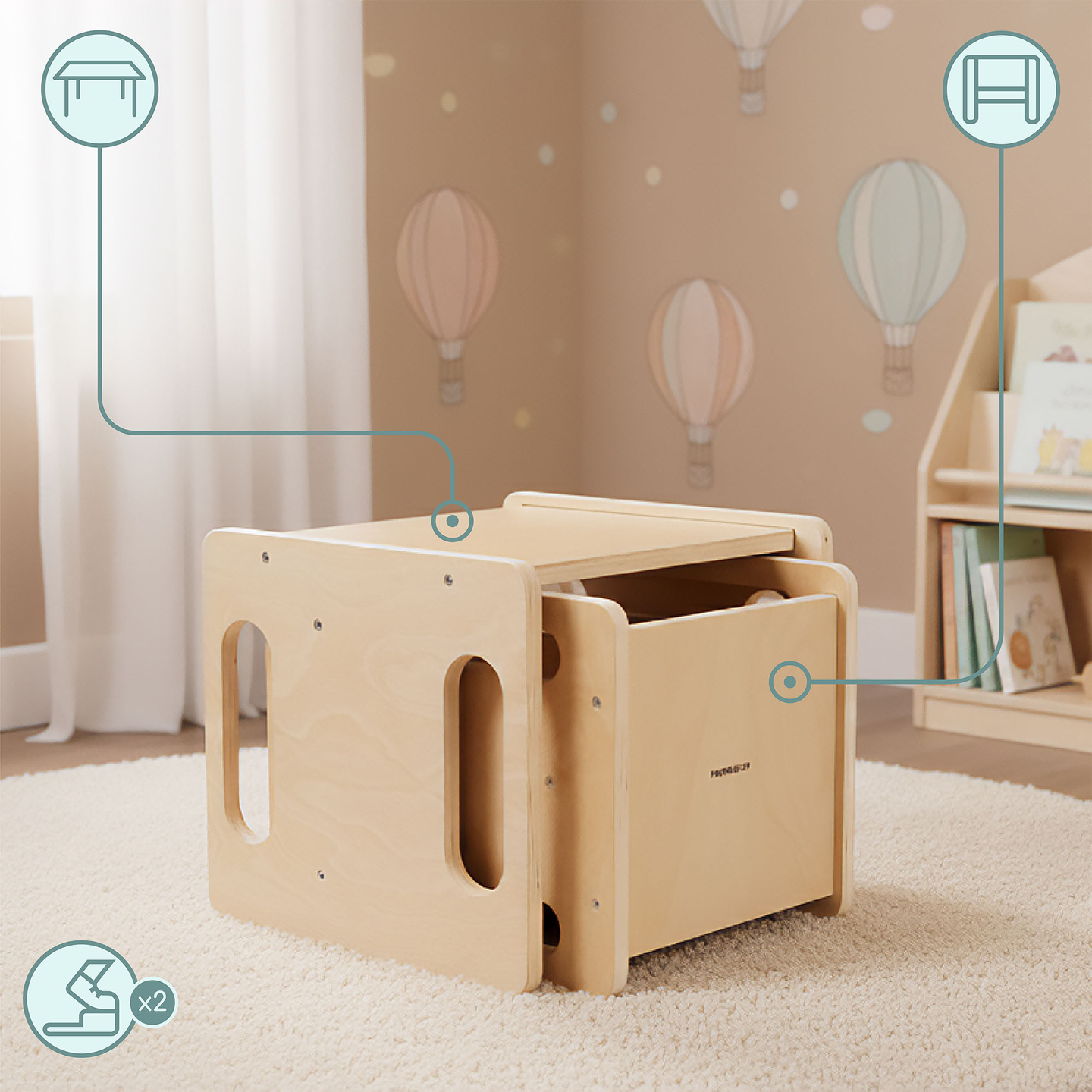 Дървена маса и стол с функция за стъпване – многофункционален комплект Монтесори за деца