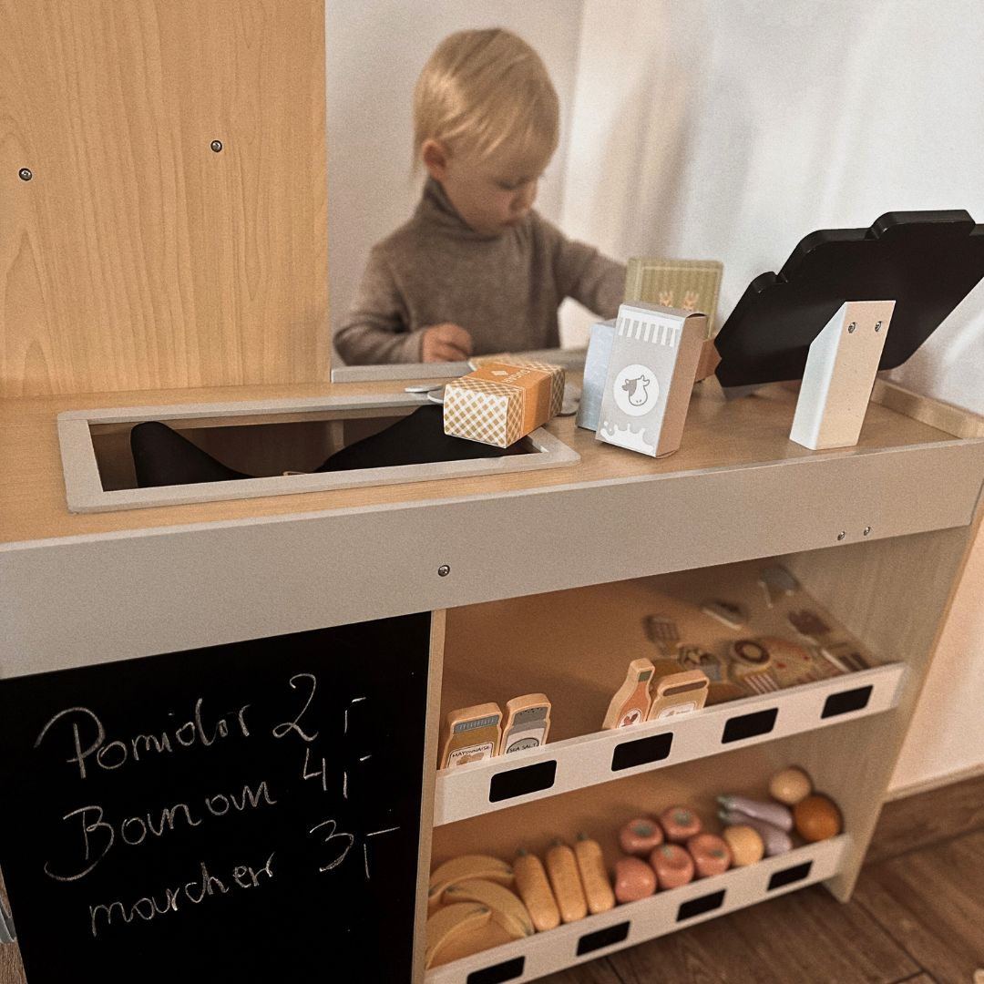 Дървен зеленчуков пазар - голям XXL щанд, магазин с игрален касов апарат