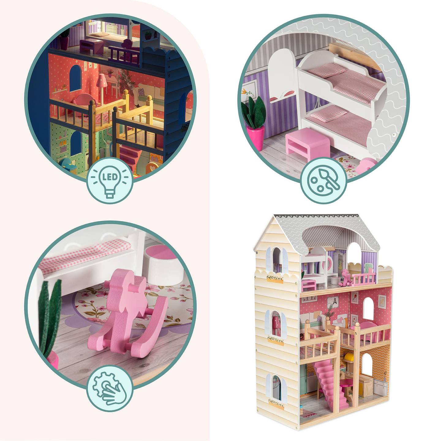 Голяма дървена 3-етажна къща за кукли с тераса, комплект мебели и LED осветление!