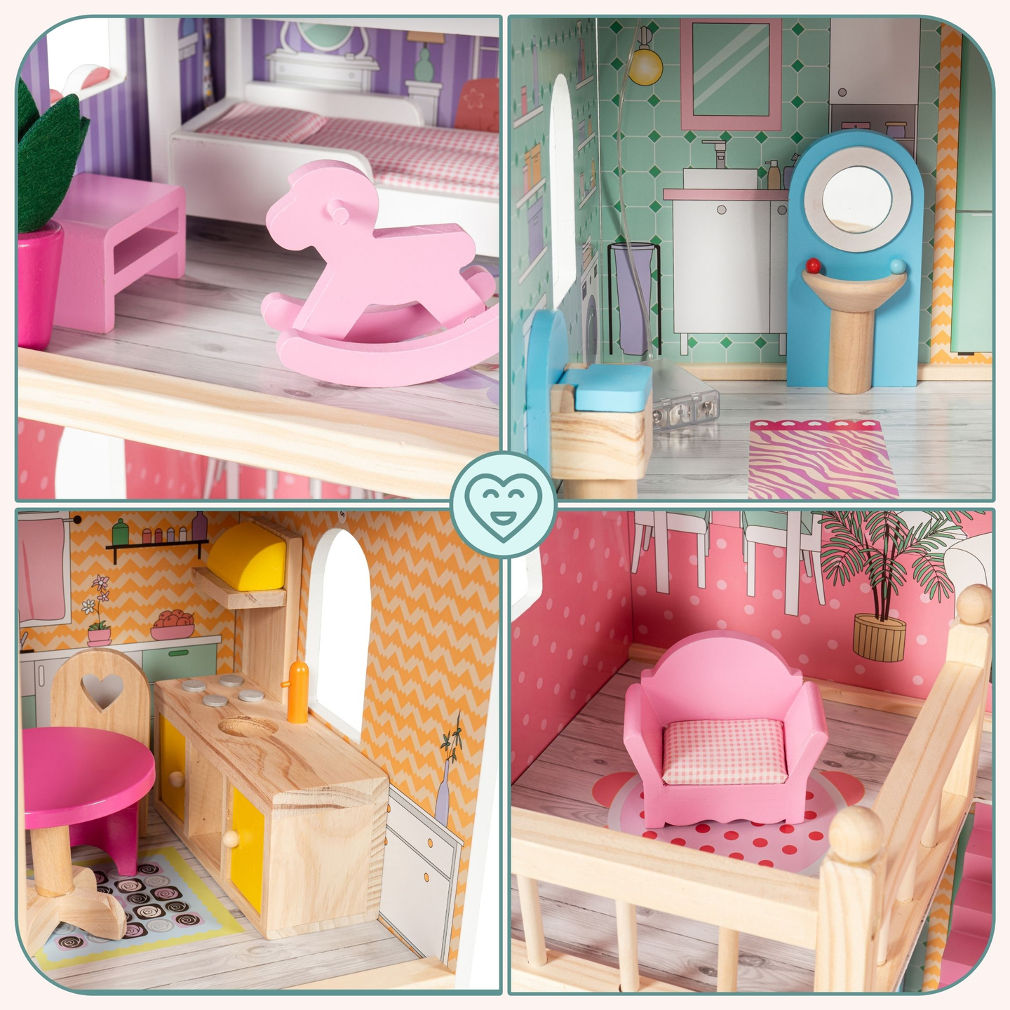 Голяма дървена 3-етажна къща за кукли с тераса, комплект мебели и LED осветление!