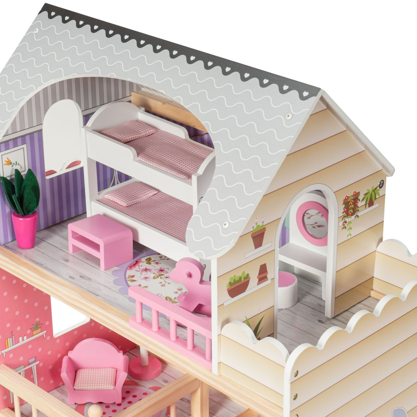 Голяма дървена 3-етажна къща за кукли с тераса, комплект мебели и LED осветление!