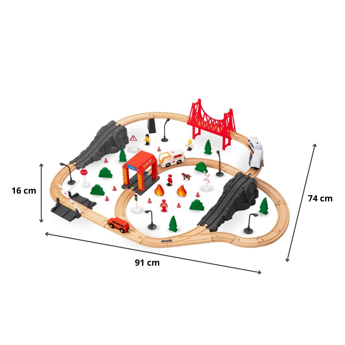 Дървен влак, влак на батерии - пожарна, релси, коли, мостове, бариера