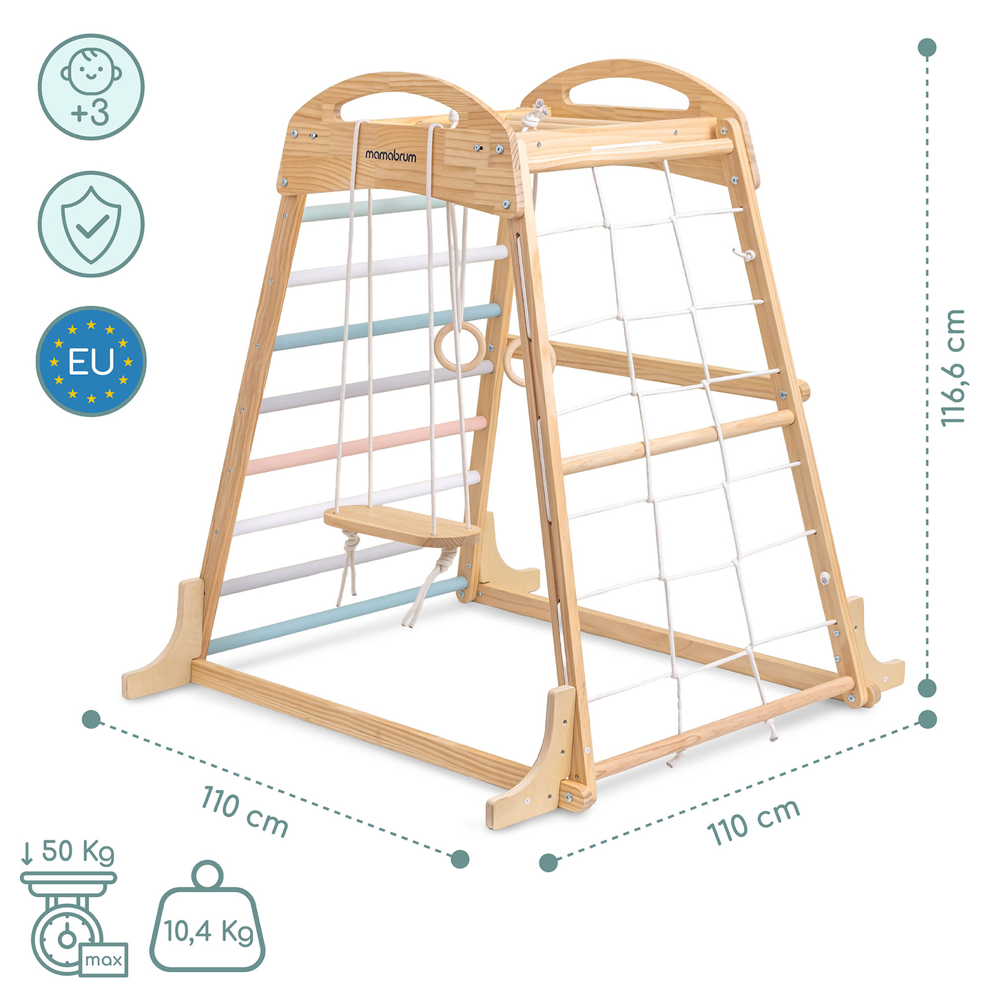 Дървена закрита детска площадка с люлка, гимнастически халки и мрежа за катерене