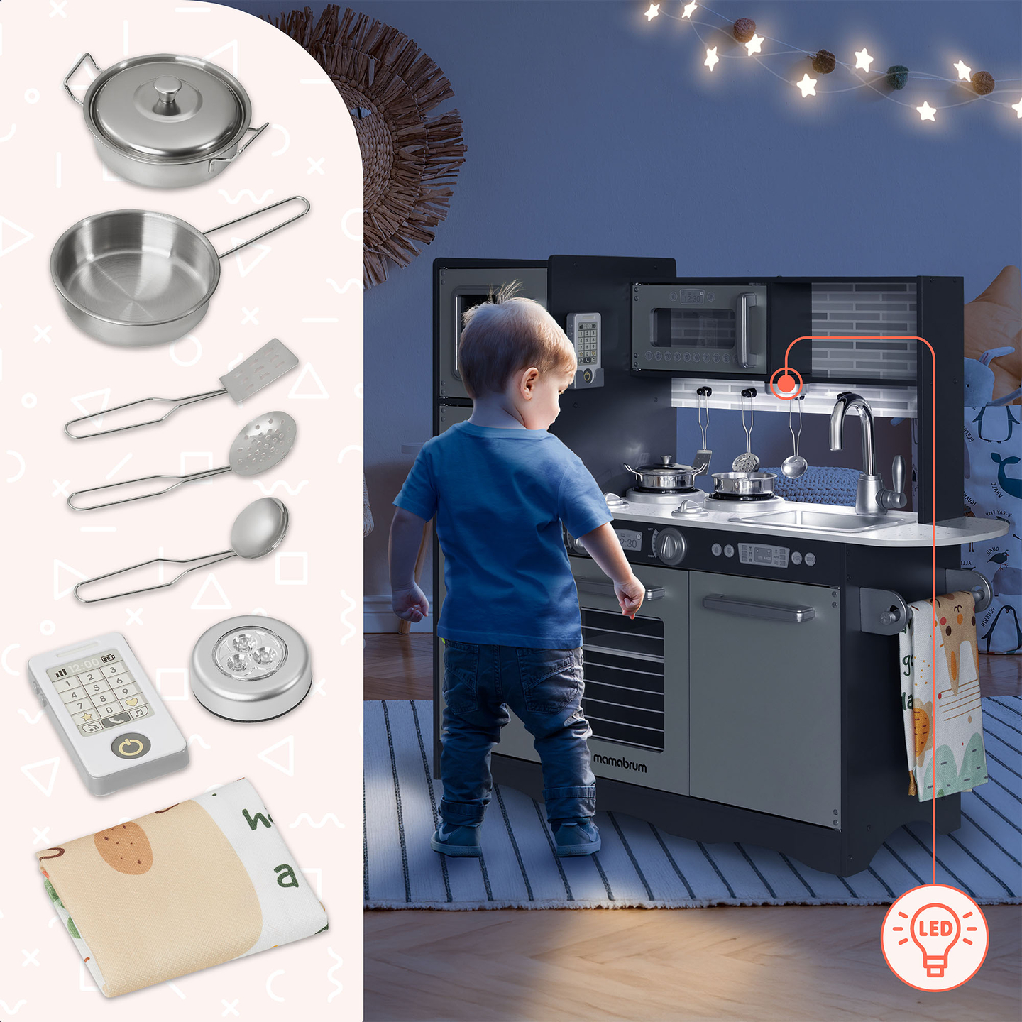 XXL дървена кухня с LED осветление, престилка и аксесоари