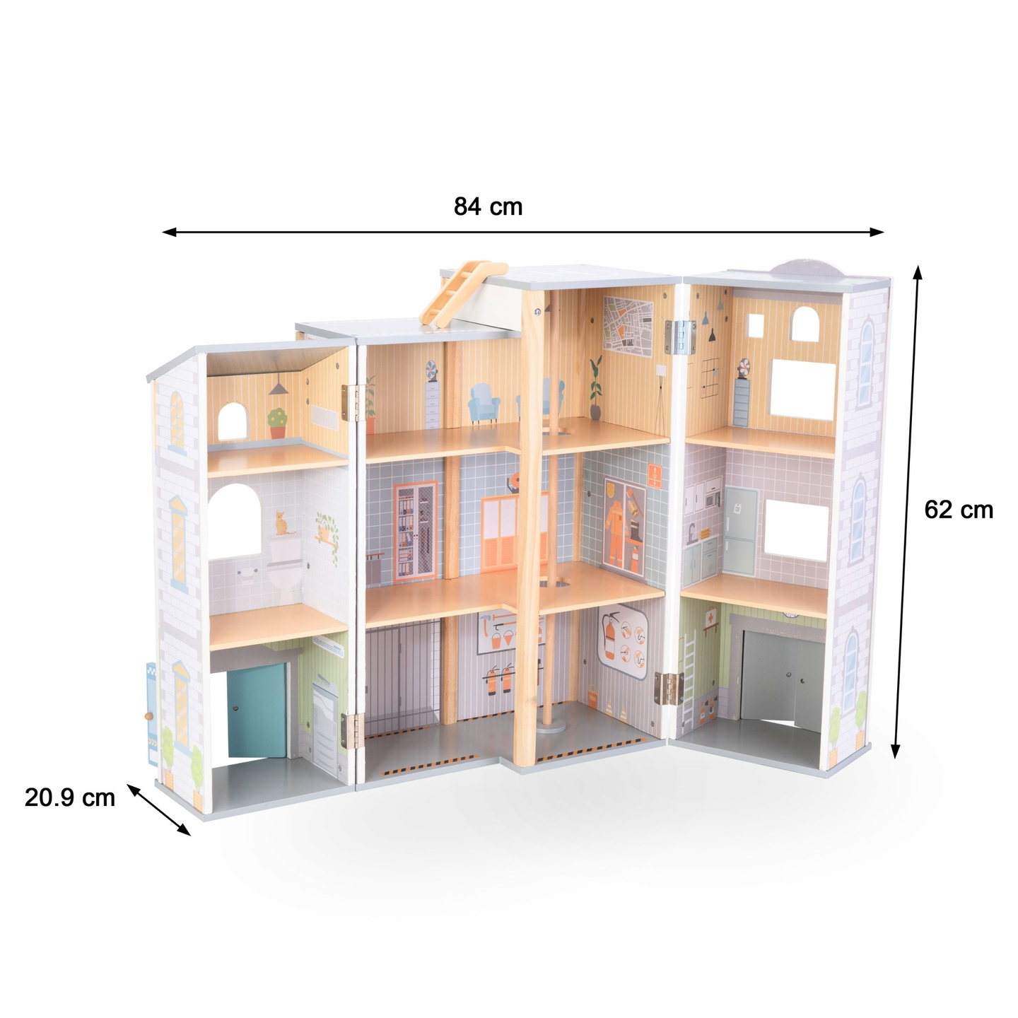 Голяма сгъваема пожарна с полицейски участък - дървен комплект. Пожарна и полицейски участък с аксесоари.