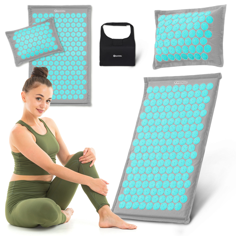 ЕКО ленена постелка за акупресура с кокосови влакна и възглавница от елда – 68 см HyperMotion сиво-ментово