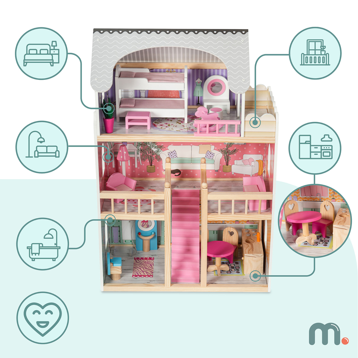 Голяма дървена 3-етажна къща за кукли с тераса, комплект мебели и LED осветление!