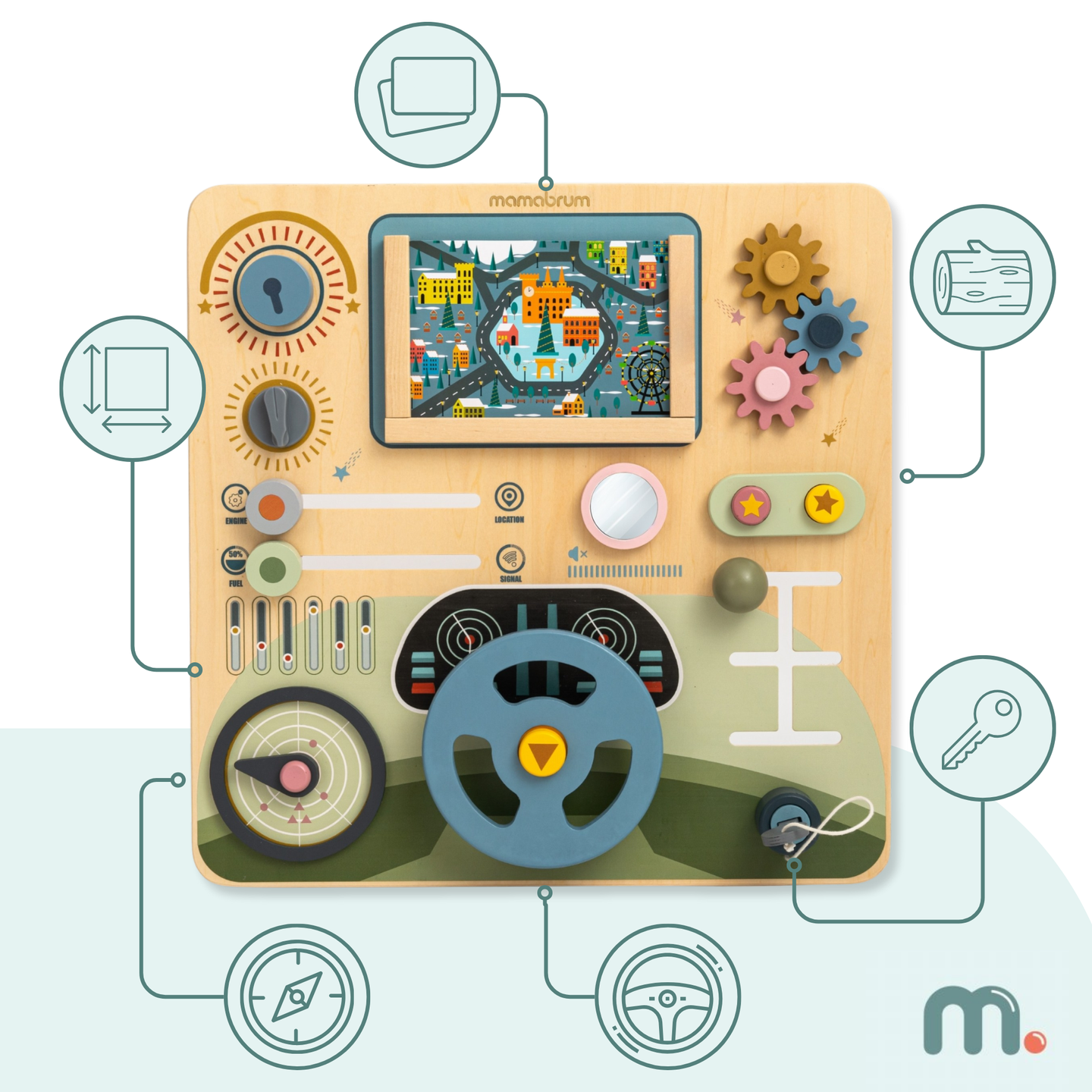 Дървена Монтесори дъска 2 в 1 Кокпит за малкия шофьор и пилот – волан, скоростен лост, карти за пътуване, радар