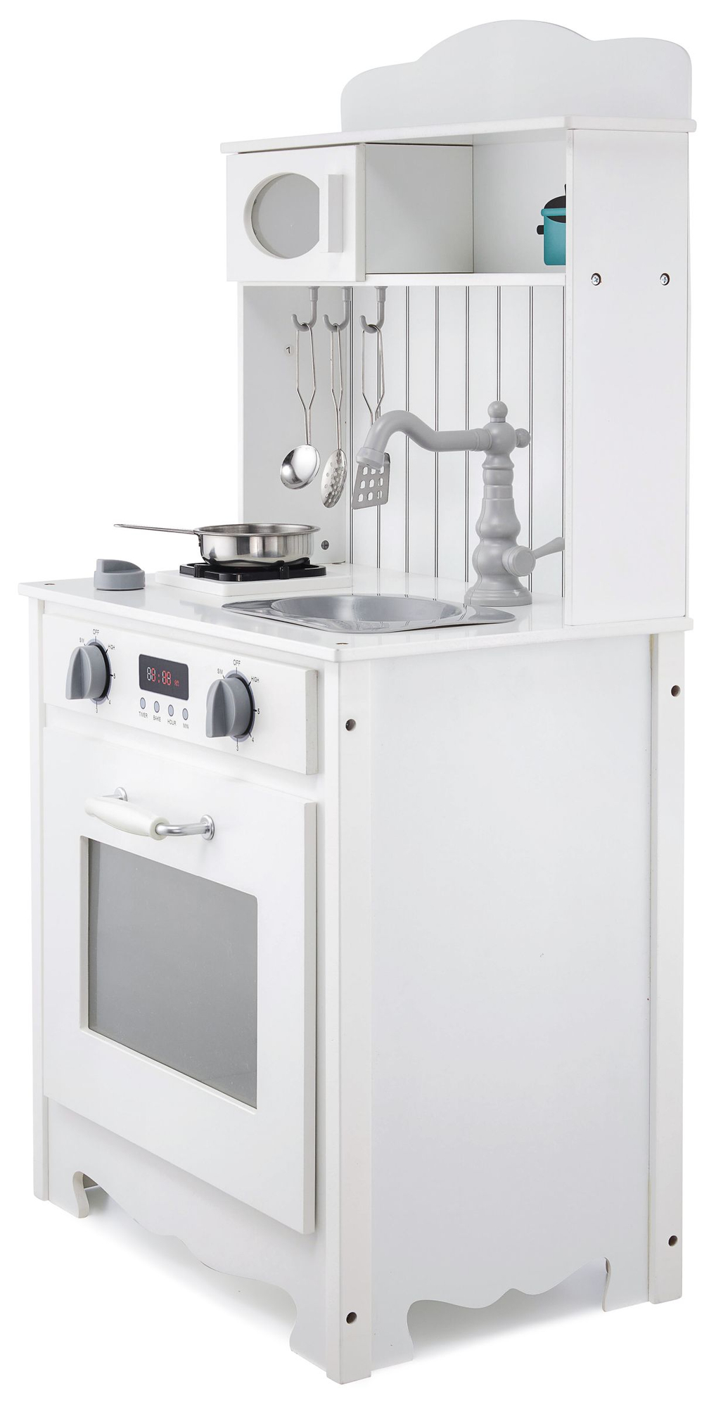 Бяла дървена кухня с престилка, аксесоари и LED лампа