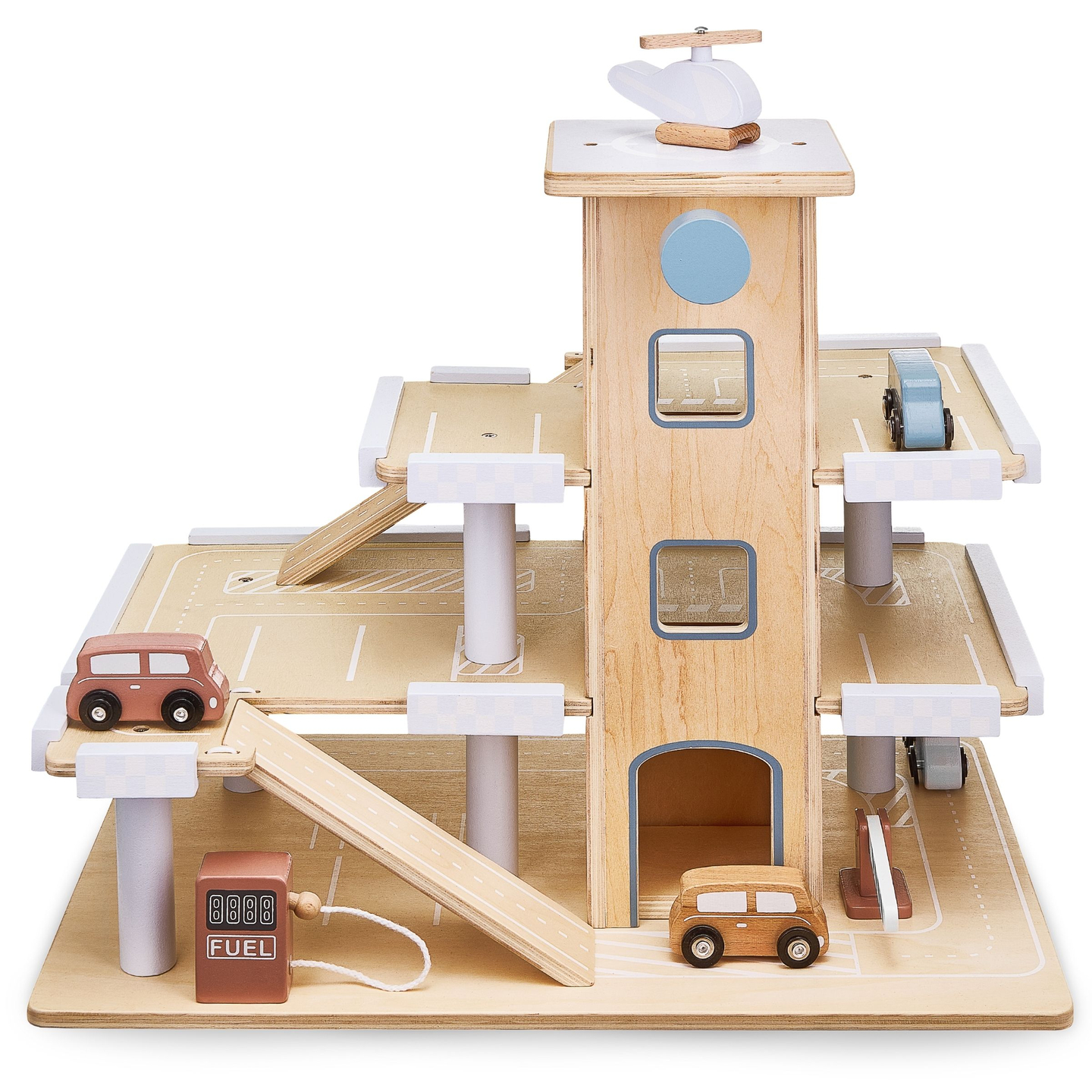 Дървен триетажен паркинг с асансьор - гараж за автомобили и хеликоптер