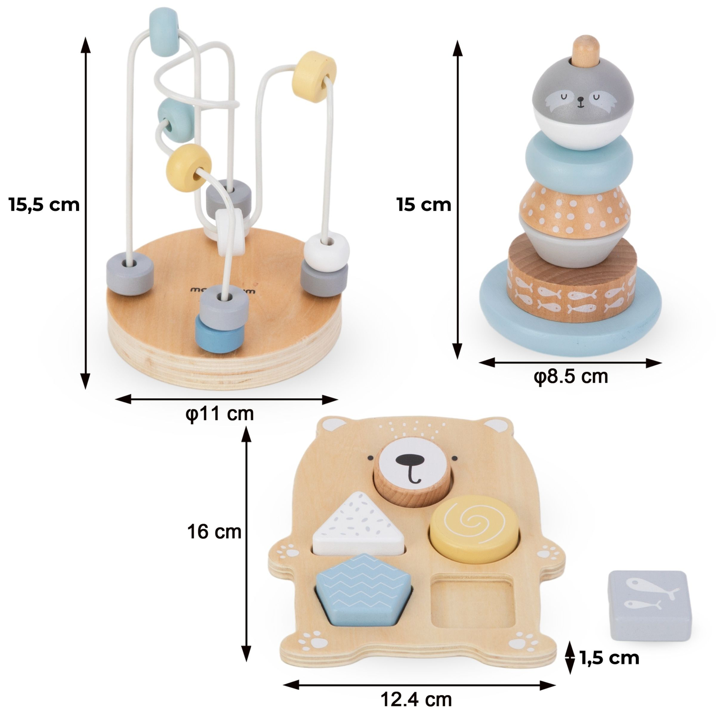 Комплект дървени играчки - цветно преплитане, пирамида за тюлени, сортировчик за мечета