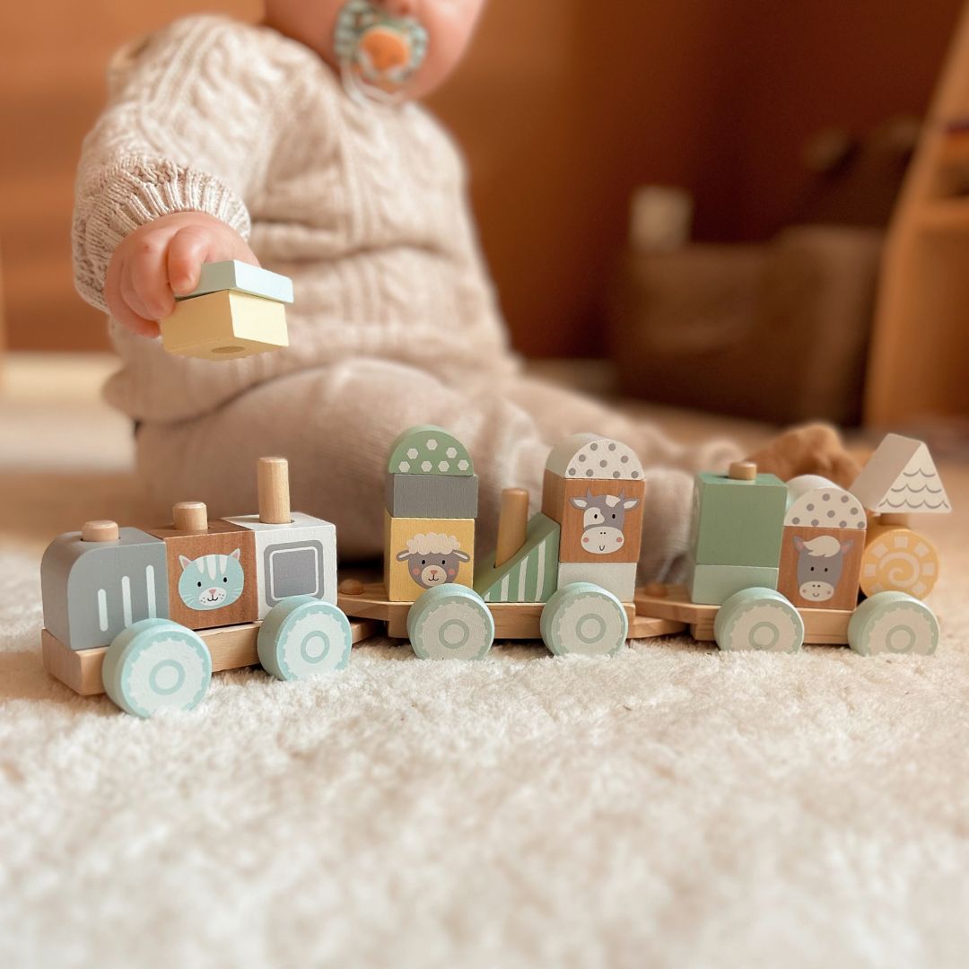 Дървено влакче с блокчета за момче - Ферма