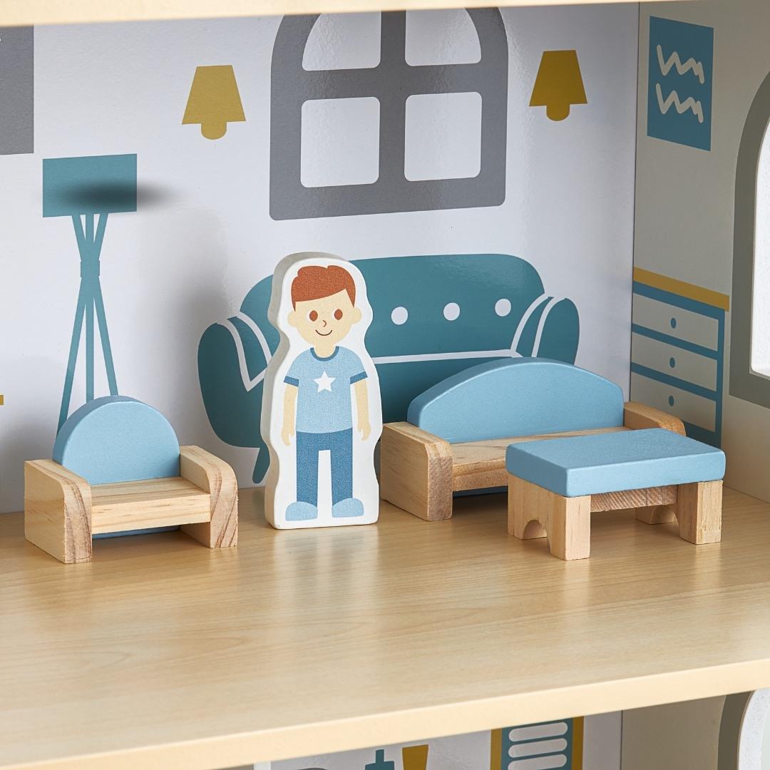 Бяла дървена къща за кукли с тераса и аксесоари