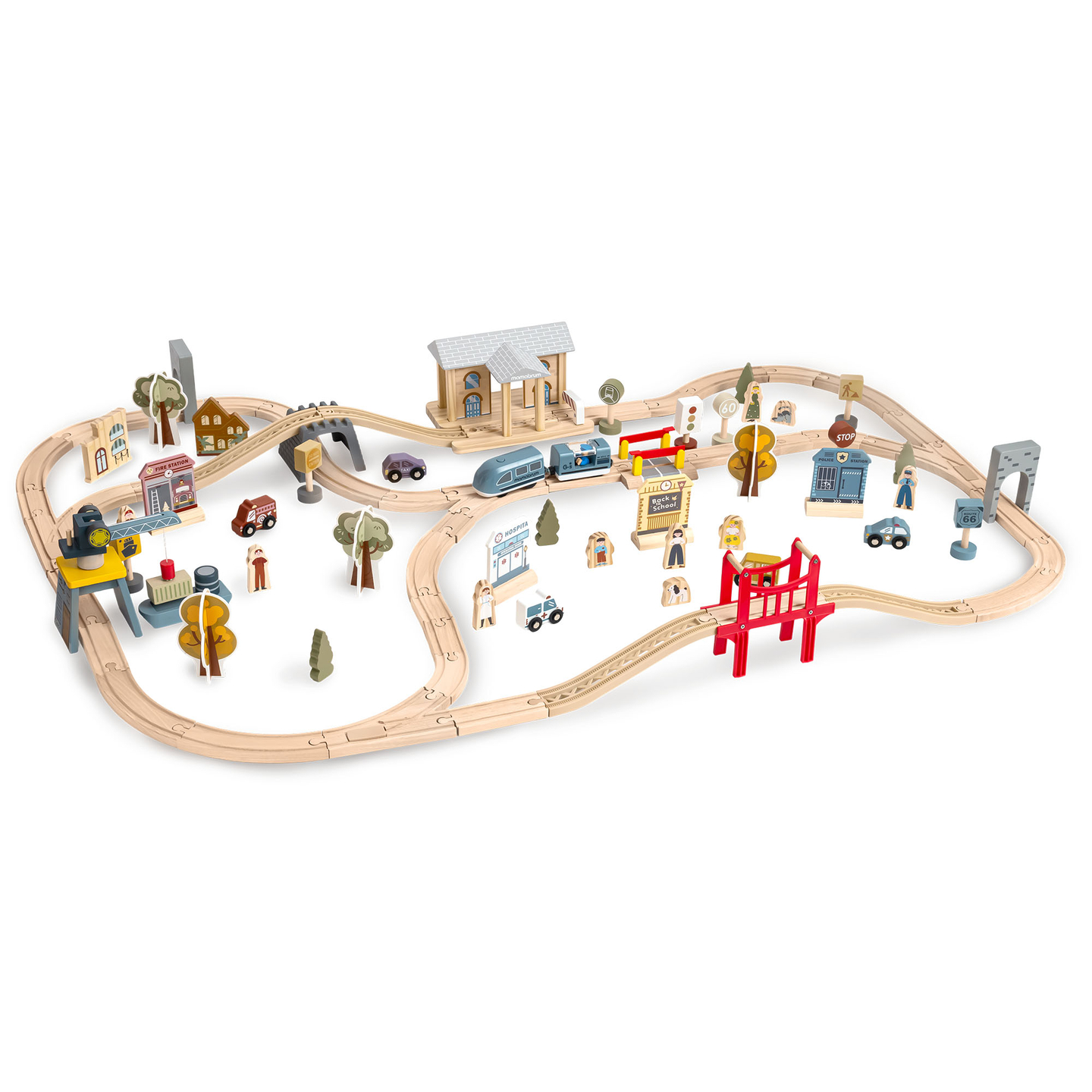 Дървена градска железница с електрически влак - движещ се кран, кораб, мостове