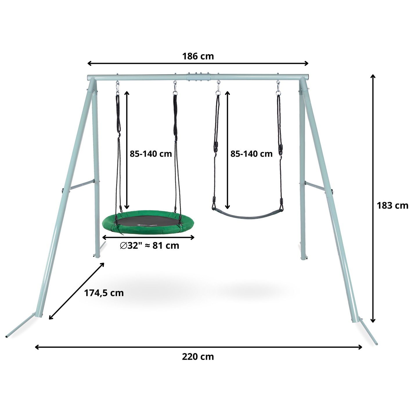 Двойна градинска люлка с рамка и въжета - седалка и щъркелово гнездо