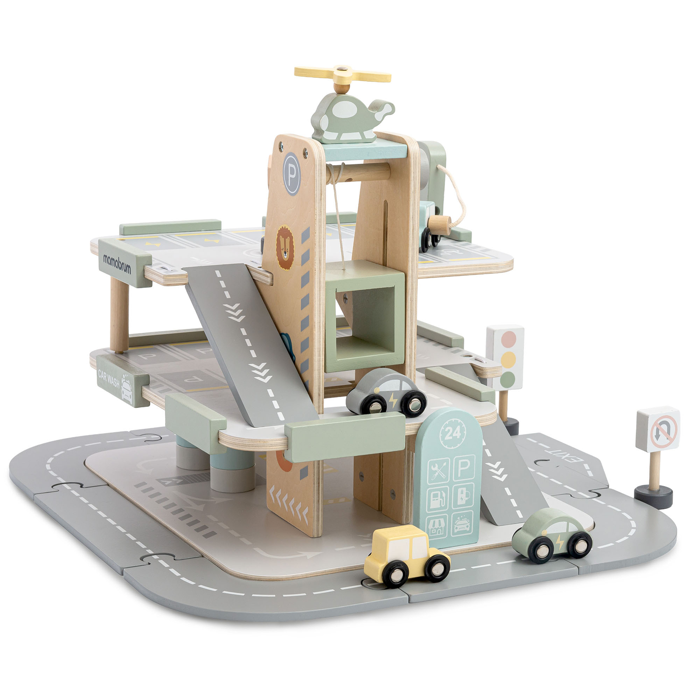 Дървен, триетажен гараж за деца с аксесоари – паркинг, бензиностанция, автомивка, хеликоптер