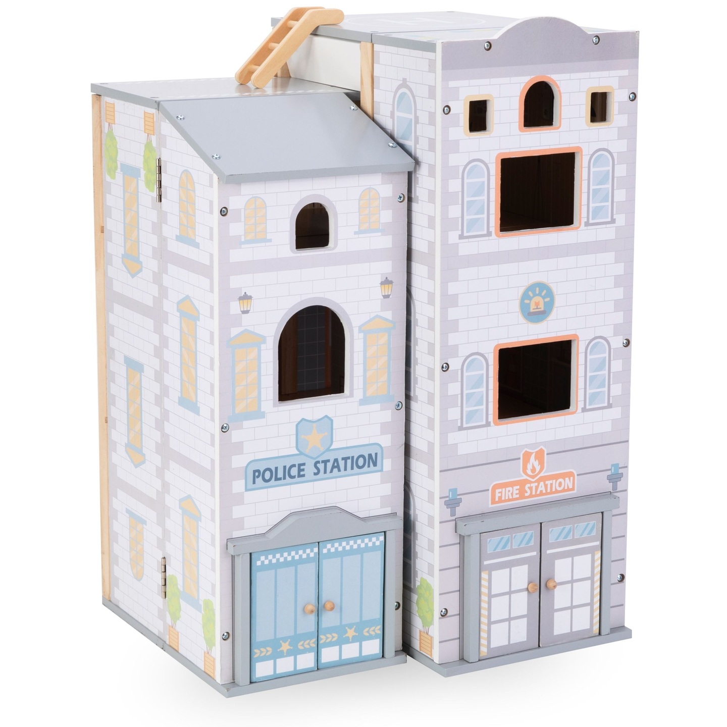 Голяма сгъваема пожарна с полицейски участък - дървен комплект. Пожарна и полицейски участък с аксесоари.