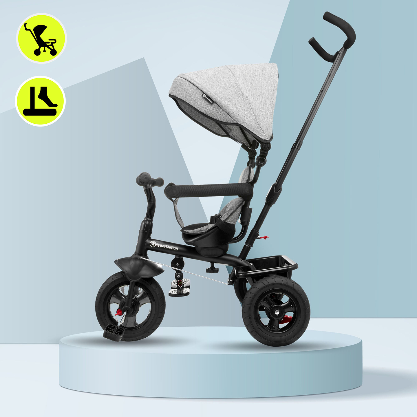 Триколка за деца от 1 до 4 години - TOBI FREY - сив цвят - въртяща се - помпени колела + бутало