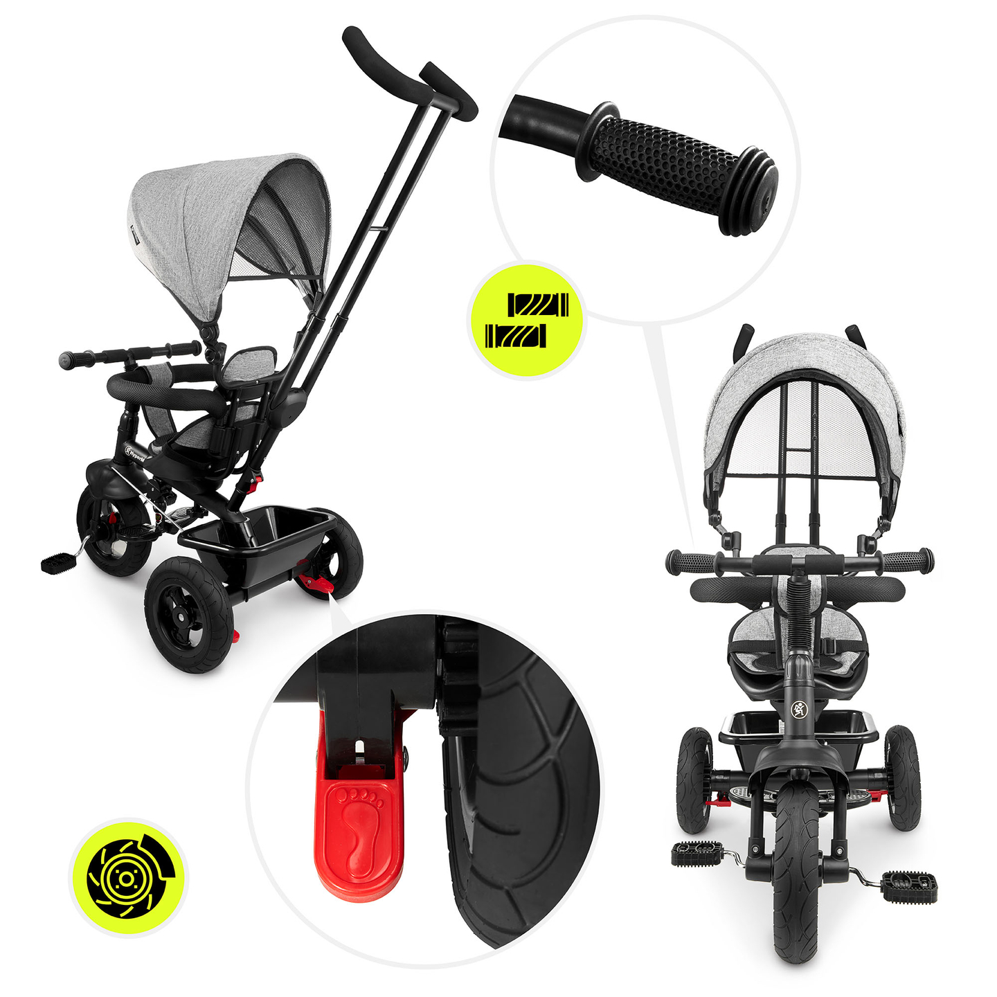 Триколка за деца от 1 до 4 години - TOBI FREY - сив цвят - въртяща се - помпени колела + бутало