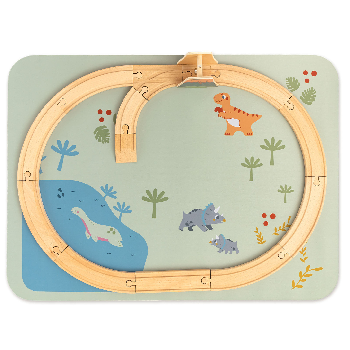 Дървено влакче Дино Парк с противоплъзгаща постелка - динозаври, влакче, релси, вулкан, камбана