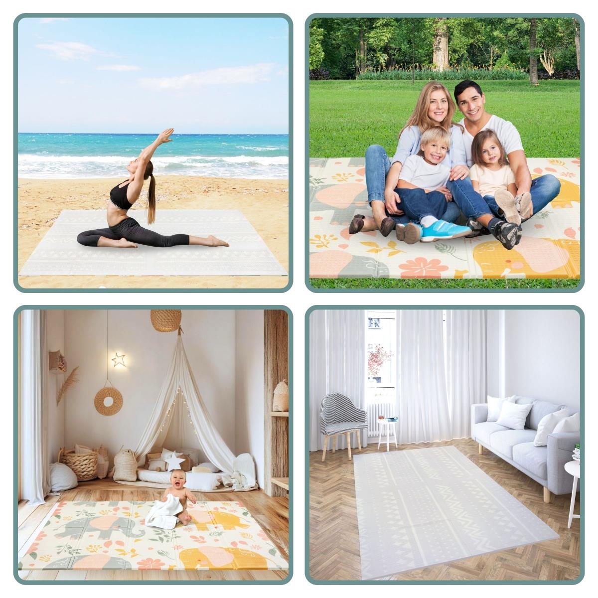 Двустранна сгъваема постелка от пяна 180 x 120 x 1cm - Екзотични слонове/нежно сиво