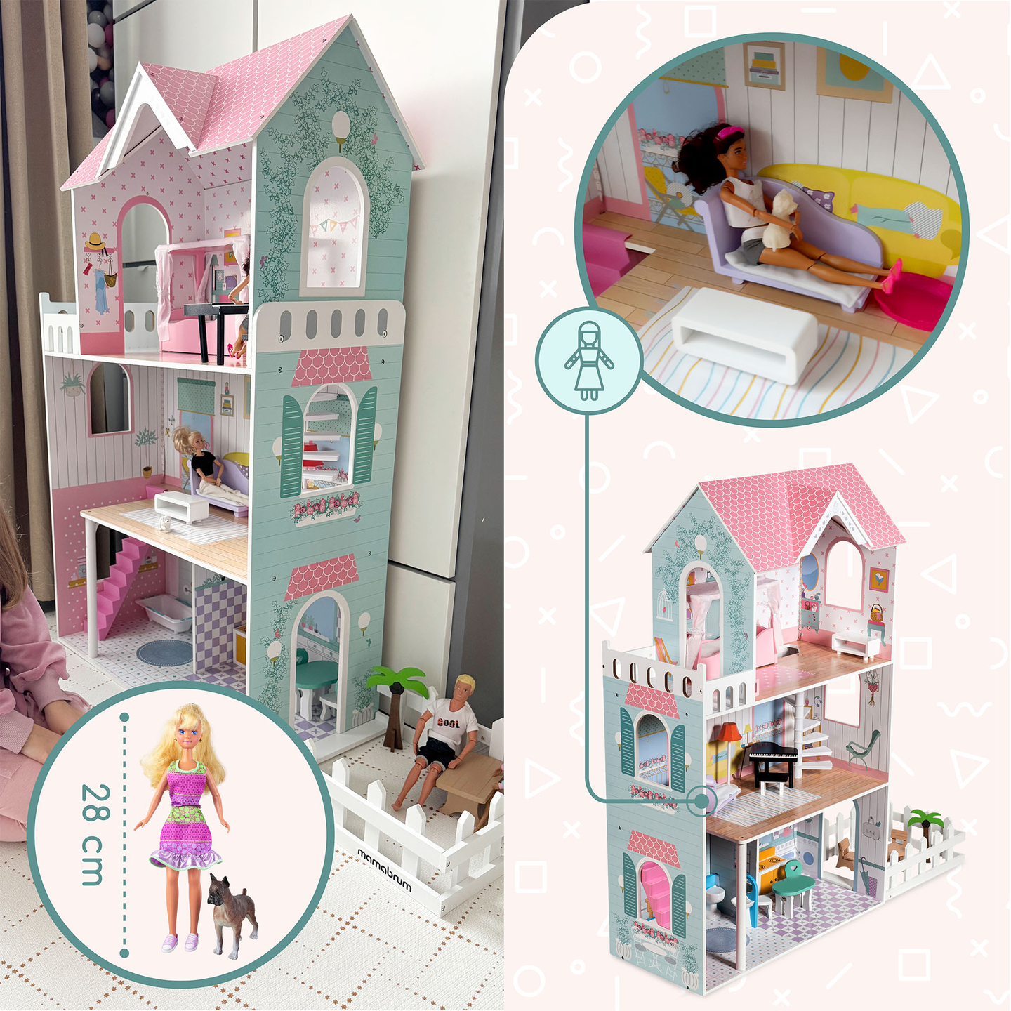 XXL Най-голямата дървена къща за кукли - 123 см - LED осветление - тераса, аксесоари, градина