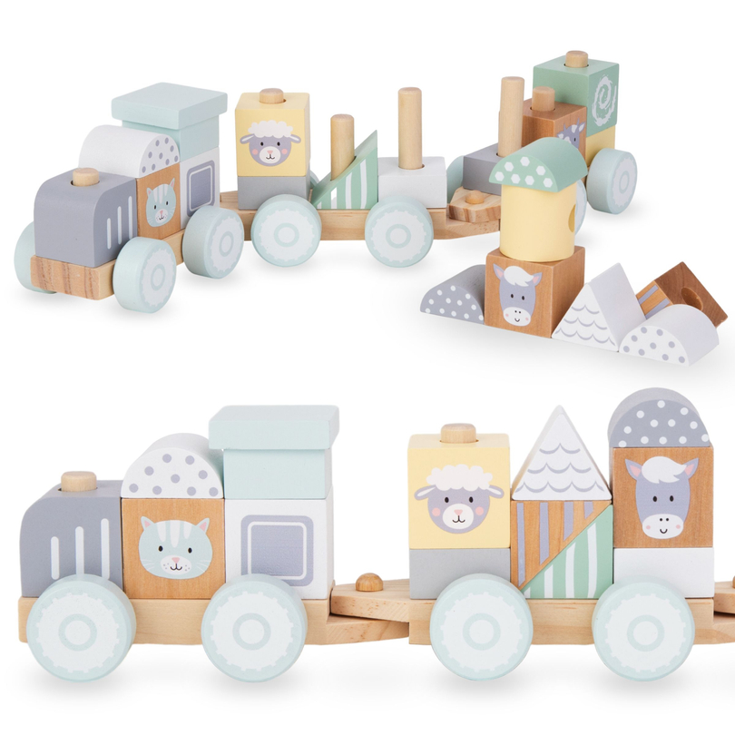 Дървено влакче с блокчета за момче - Ферма
