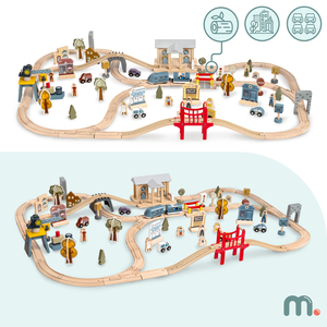 Дървена градска железница с електрически влак - движещ се кран, кораб, мостове