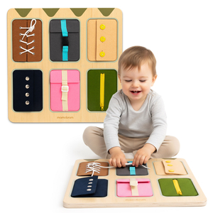 Дървена Монтесори манипулативна дъска – Сензорно обучение за самостоятелност - връзки, катарами, копчета, тик-так закопчалки, цип