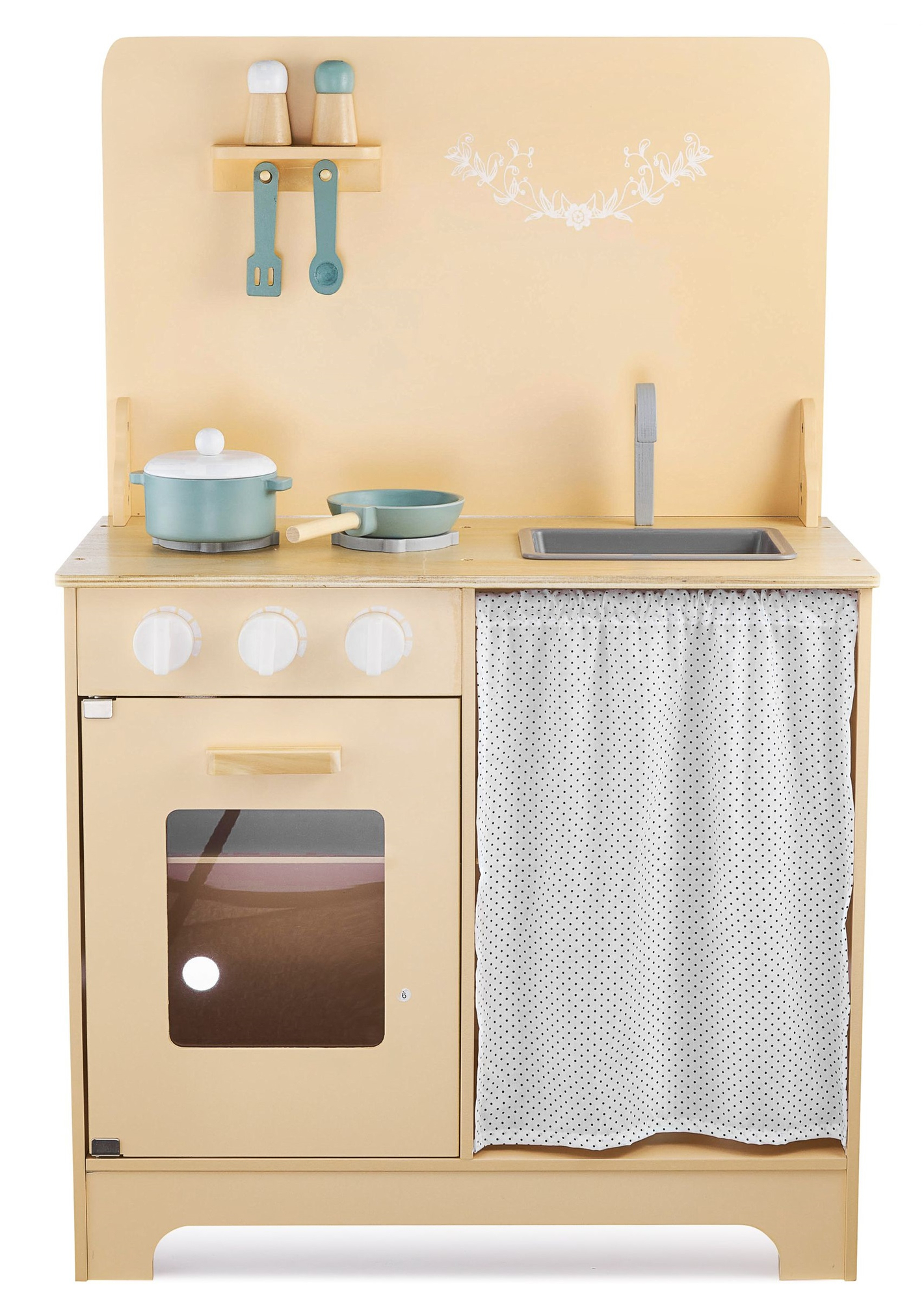 Дървена кухня с престилка, аксесоари и LED осветление