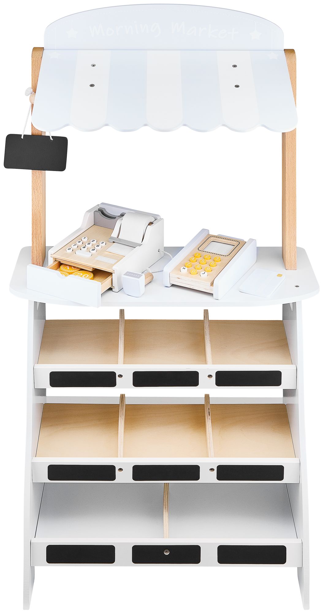 Магазин за зеленчуци - дървен щанд с щайги, касов апарат и терминал