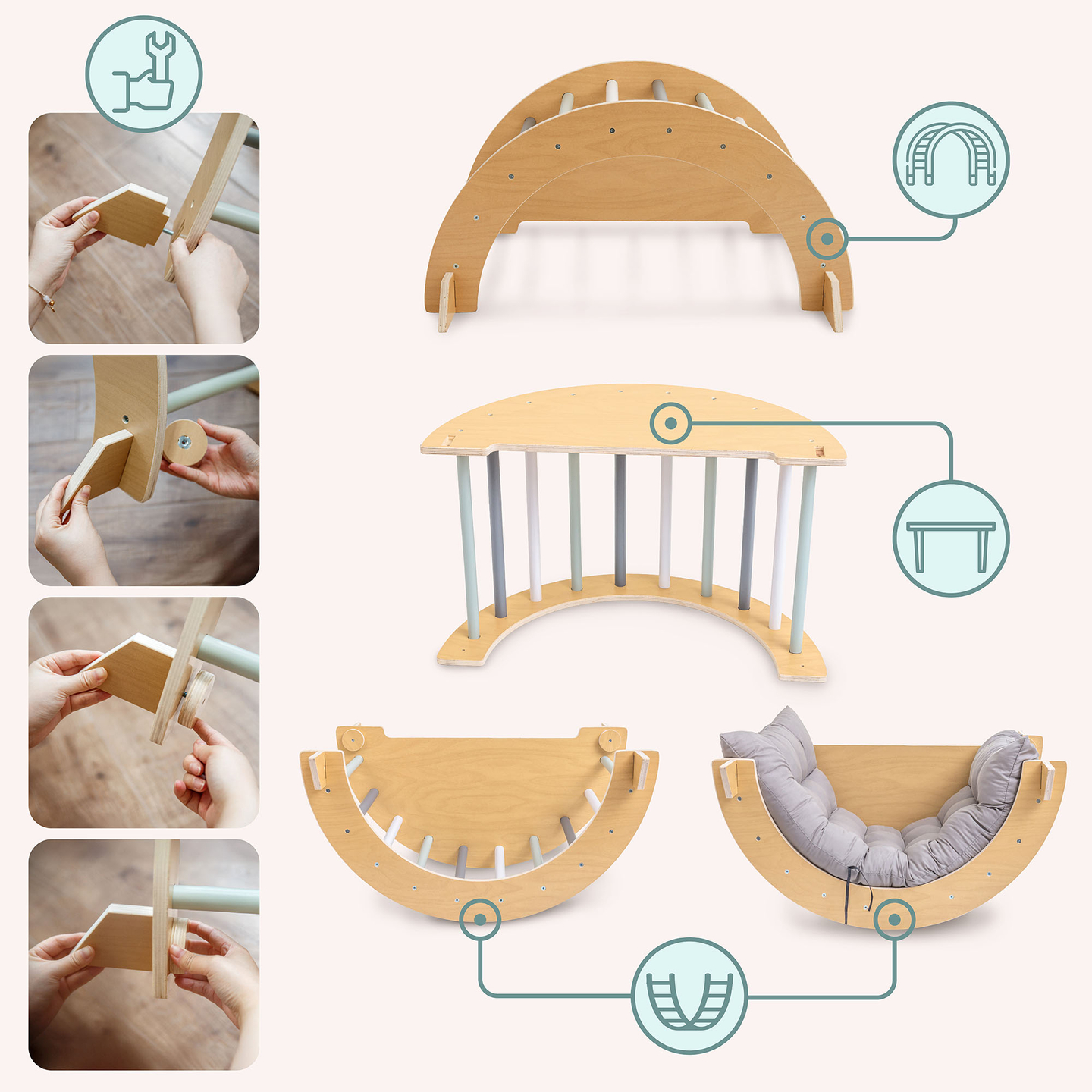 Дървена закрита детска площадка - стена за катерене, пързалка, арка/люлка за катерене и триъгълник на Пиклер