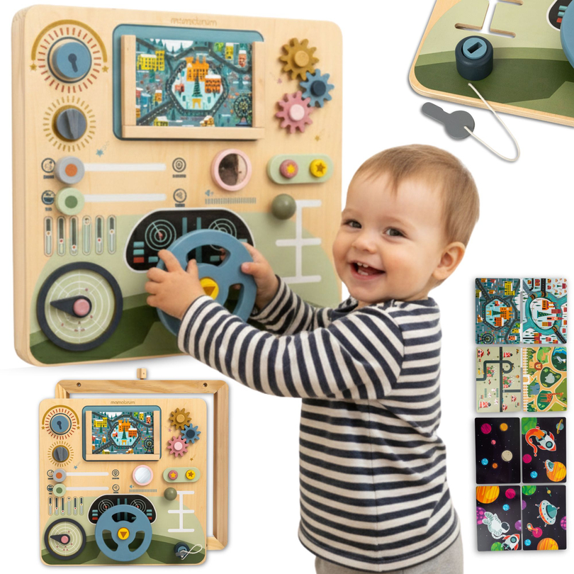 Дървена Монтесори дъска 2 в 1 Кокпит за малкия шофьор и пилот – волан, скоростен лост, карти за пътуване, радар