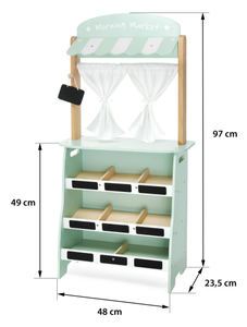 Голям дървен магазин - сергия и театър 2 в 1 с везна, терминал за плащане, плодове и зеленчуци