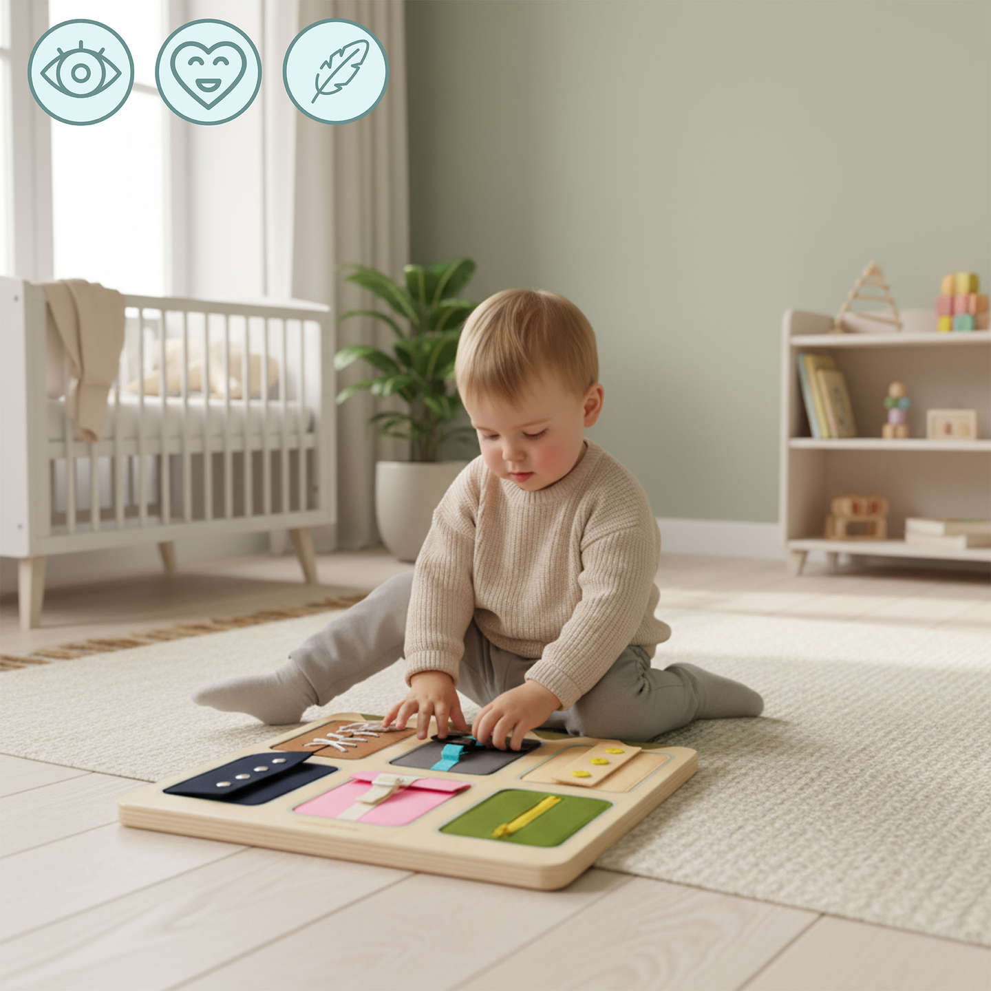 Дървена Монтесори манипулативна дъска – Сензорно обучение за самостоятелност - връзки, катарами, копчета, тик-так закопчалки, цип