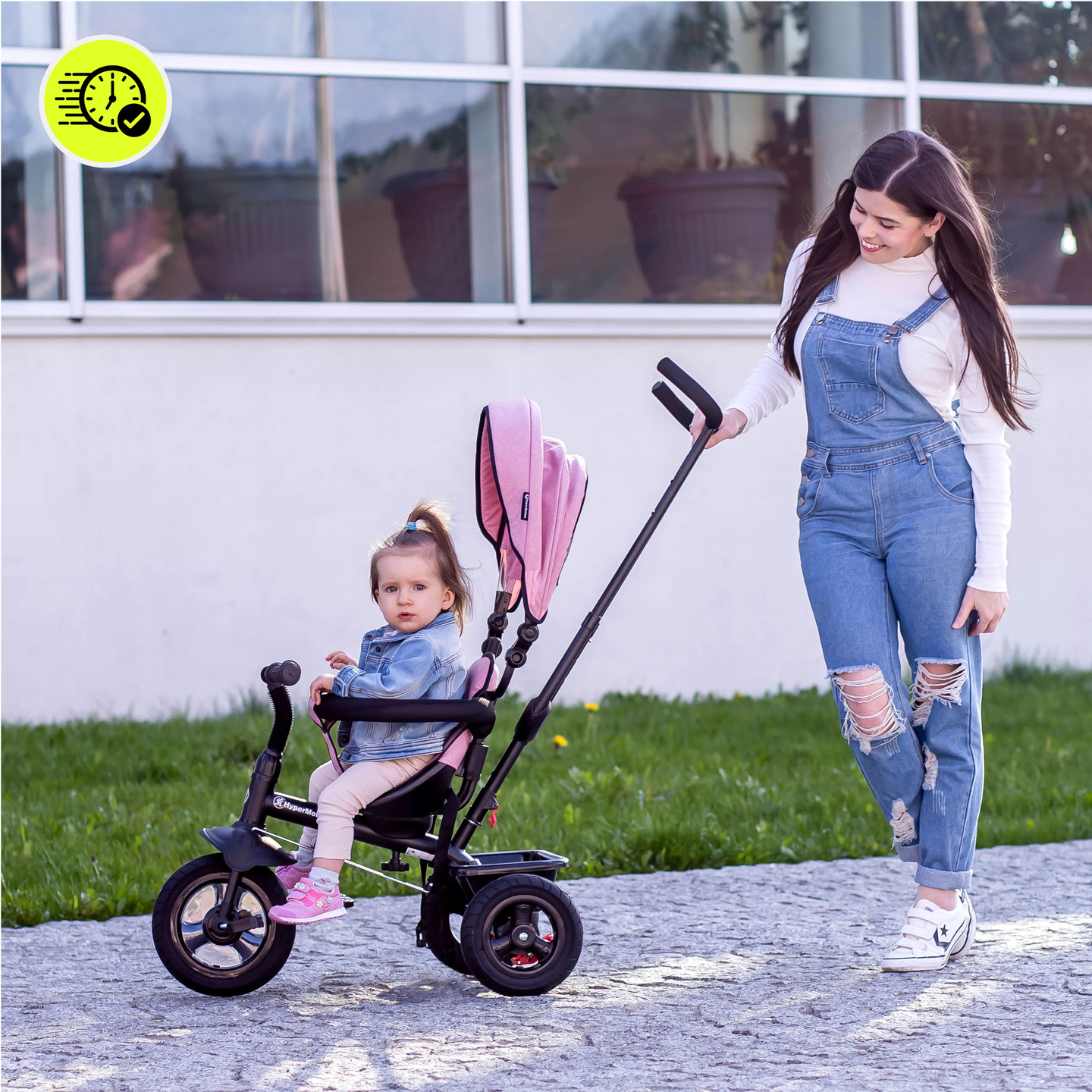 Триколка за деца от 1 до 4 години - TOBI FREY - розов цвят - въртяща се - помпени колела + бутало